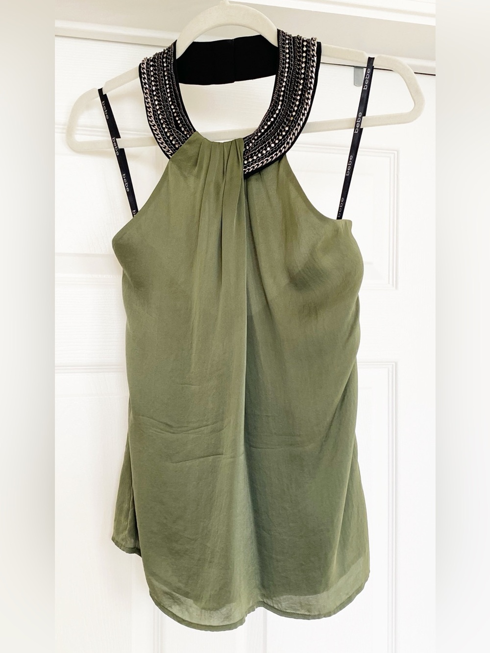 Used Bebe Olive Green Silk Embellished Halter Neck Top in Size M